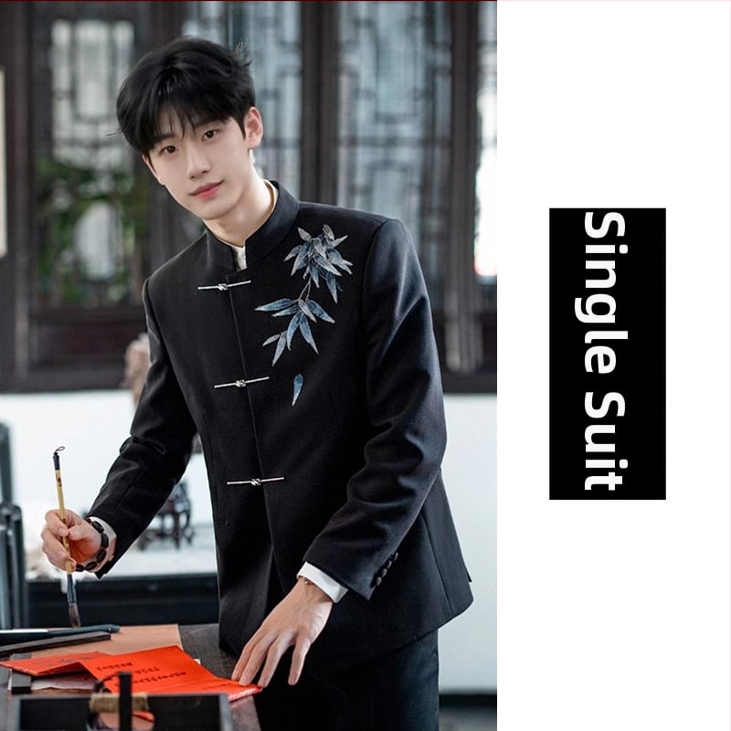 Kínai stílusú Tang öltöny vőlegénynek, hímzett, karcsúsított szabás, álló gallér, bankett öltöny, 2025 tavasz, poliészter-keverék