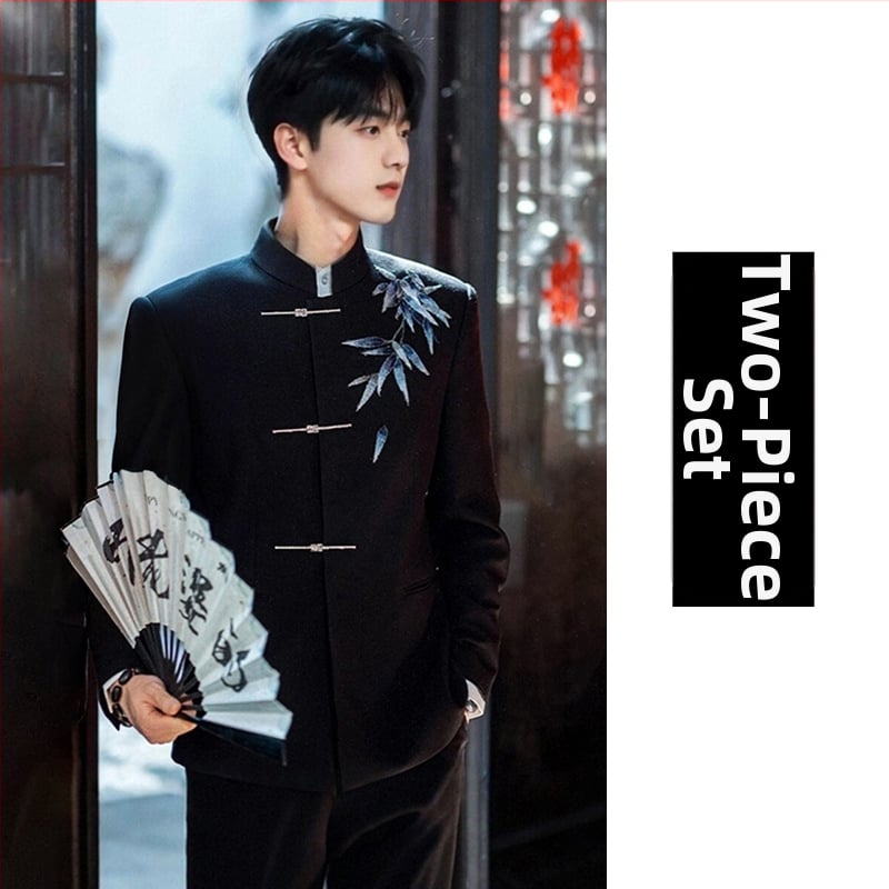 Kínai stílusú Tang öltöny vőlegénynek, hímzett, karcsúsított szabás, álló gallér, bankett öltöny, 2025 tavasz, poliészter-keverék