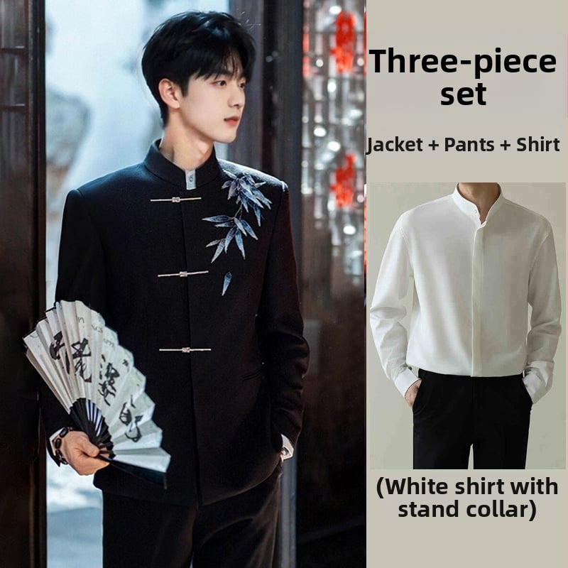 Kínai stílusú Tang öltöny vőlegénynek, hímzett, karcsúsított szabás, álló gallér, bankett öltöny, 2025 tavasz, poliészter-keverék