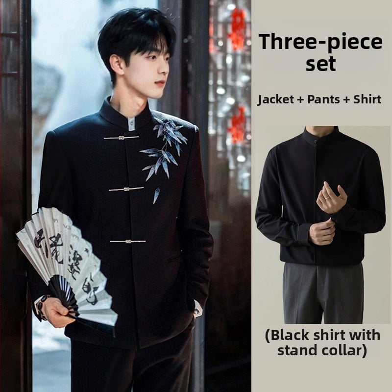 Kínai stílusú Tang öltöny vőlegénynek, hímzett, karcsúsított szabás, álló gallér, bankett öltöny, 2025 tavasz, poliészter-keverék