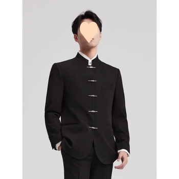 Zhongshan férfi öltönykészlet – álló gallér, többgombos, poliészter anyag, karcsúsított szabás, négy évszak