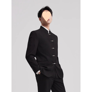 Zhongshan férfi öltönykészlet – álló gallér, többgombos, poliészter anyag, karcsúsított szabás, négy évszak