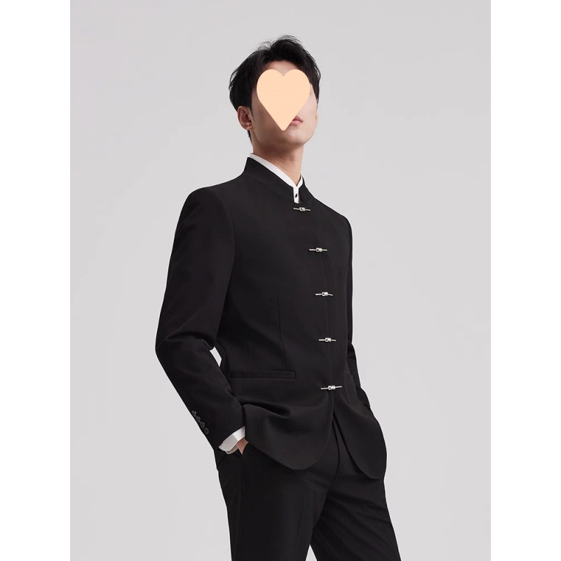 Zhongshan férfi öltönykészlet – álló gallér, többgombos, poliészter anyag, karcsúsított szabás, négy évszak