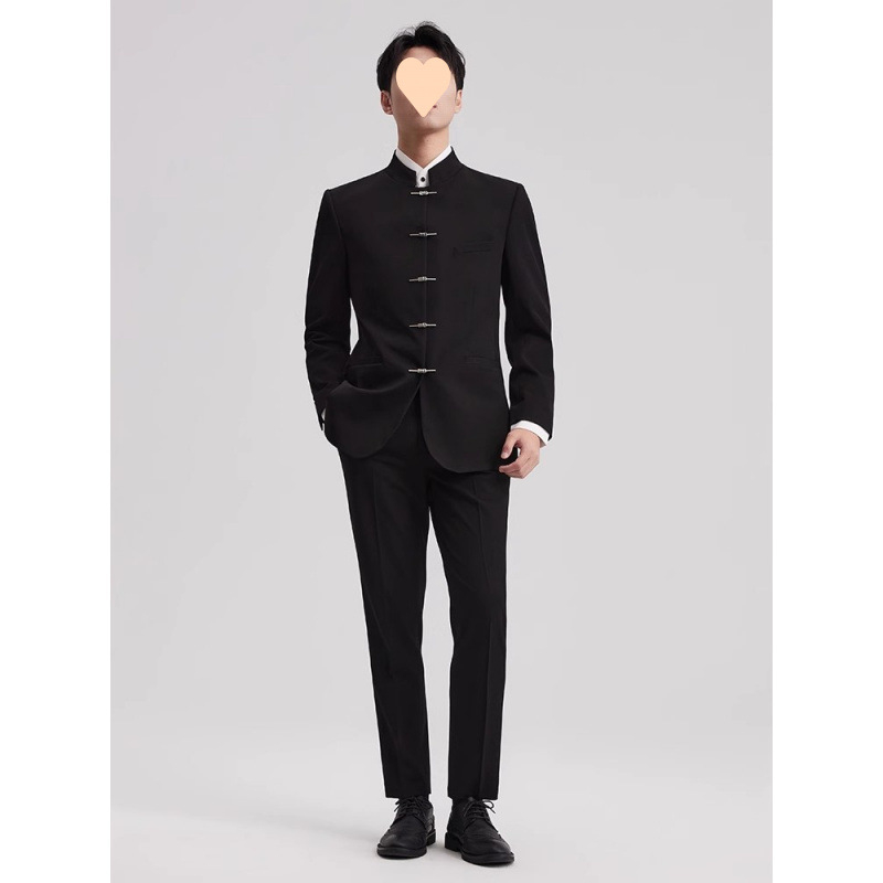 Zhongshan férfi öltönykészlet – álló gallér, többgombos, poliészter anyag, karcsúsított szabás, négy évszak
