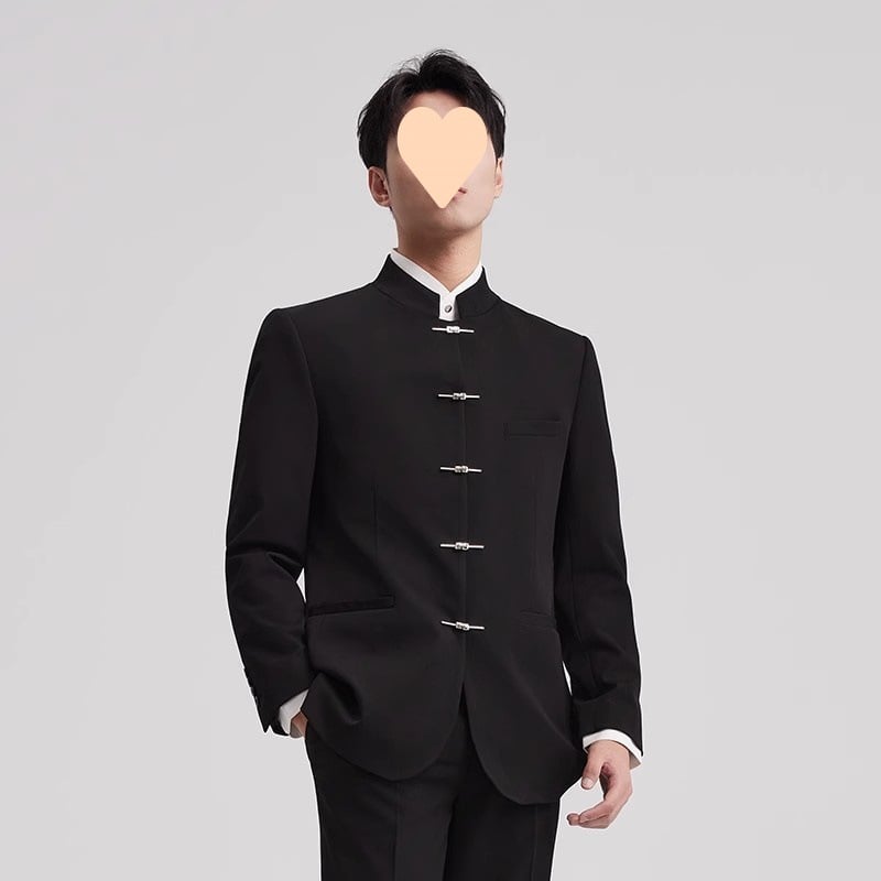 Zhongshan férfi öltönykészlet – álló gallér, többgombos, poliészter anyag, karcsúsított szabás, négy évszak