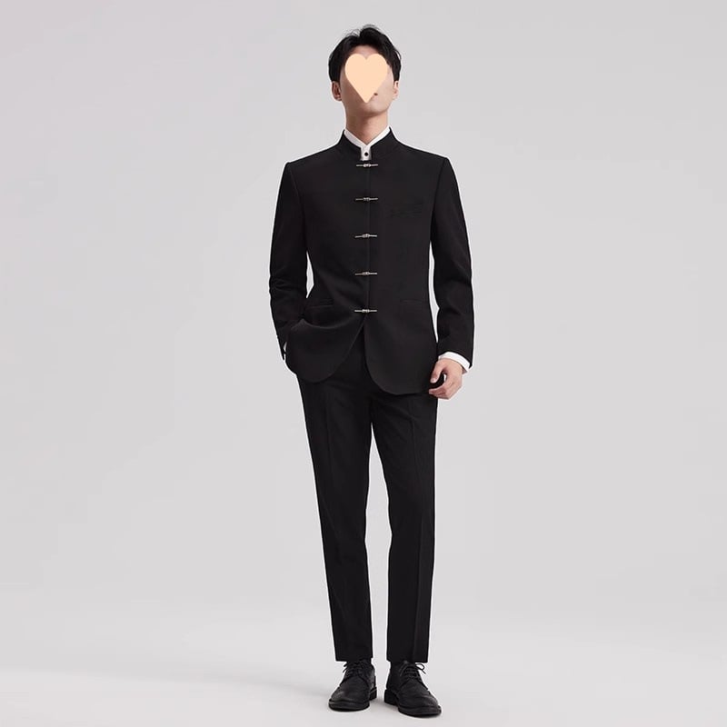 Zhongshan férfi öltönykészlet – álló gallér, többgombos, poliészter anyag, karcsúsított szabás, négy évszak
