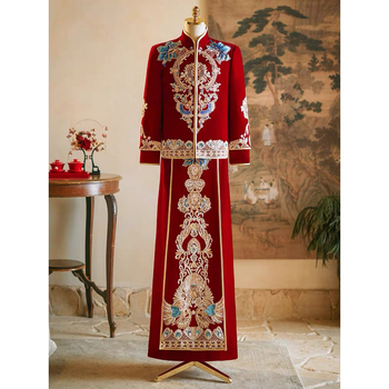 Zamatový pánsky oblek v Tang štýle pre ženícha, motív draka a fénixa, polyester, ihlové šitie, retro dizajn, jeseň 2022