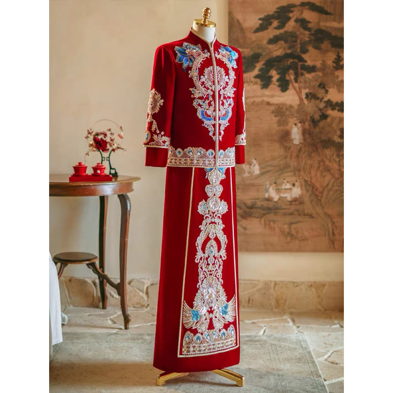 Zamatový pánsky oblek v Tang štýle pre ženícha, motív draka a fénixa, polyester, ihlové šitie, retro dizajn, jeseň 2022