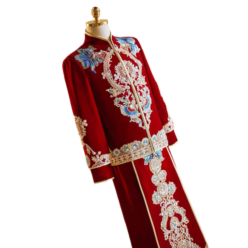 Zamatový pánsky oblek v Tang štýle pre ženícha, motív draka a fénixa, polyester, ihlové šitie, retro dizajn, jeseň 2022