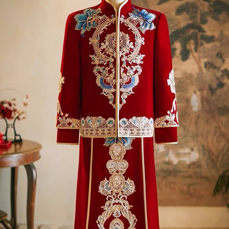 Zamatový pánsky oblek v Tang štýle pre ženícha, motív draka a fénixa, polyester, ihlové šitie, retro dizajn, jeseň 2022