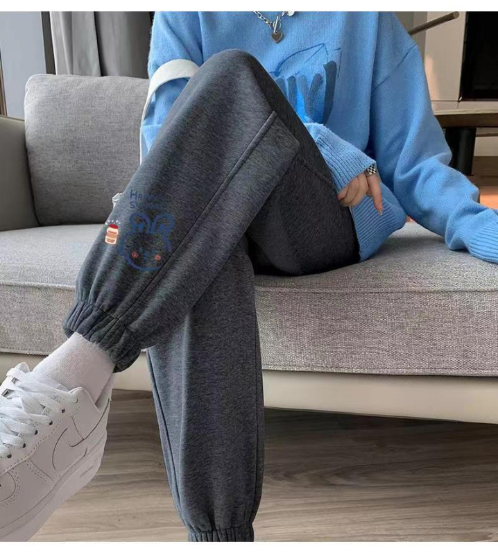 Ženske uske sportske hlače, pamuk-poliester smjesa, flis podstava, srednji pojas, korejski stil