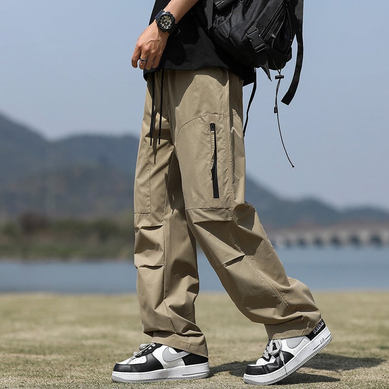 Pantaloni de exterior în stil militar pentru bărbați – căptuțiți cu fleece, croială dreaptă, talie medie, șnur de închidere