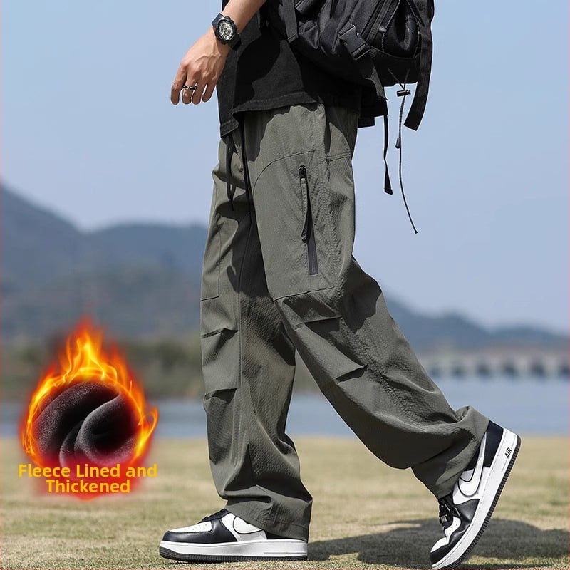 Pantaloni de exterior în stil militar pentru bărbați – căptuțiți cu fleece, croială dreaptă, talie medie, șnur de închidere
