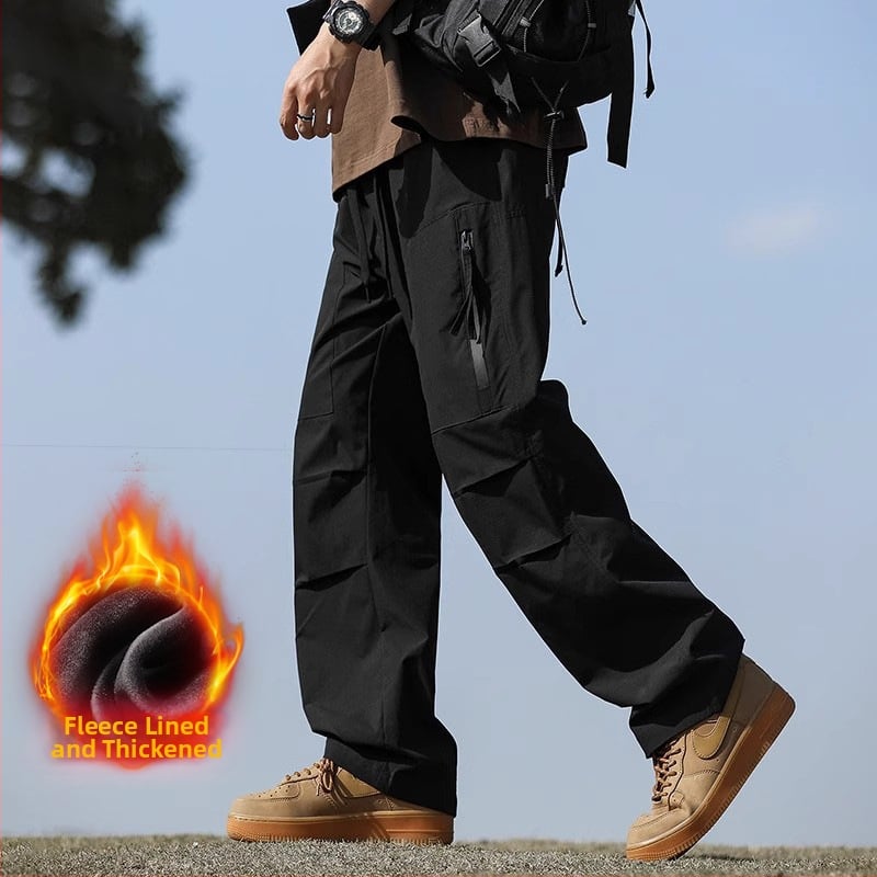 Pantaloni de exterior în stil militar pentru bărbați – căptuțiți cu fleece, croială dreaptă, talie medie, șnur de închidere