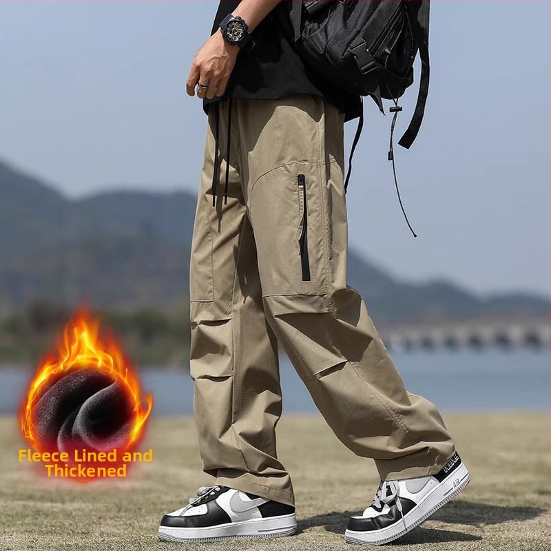 Pantaloni de exterior în stil militar pentru bărbați – căptuțiți cu fleece, croială dreaptă, talie medie, șnur de închidere