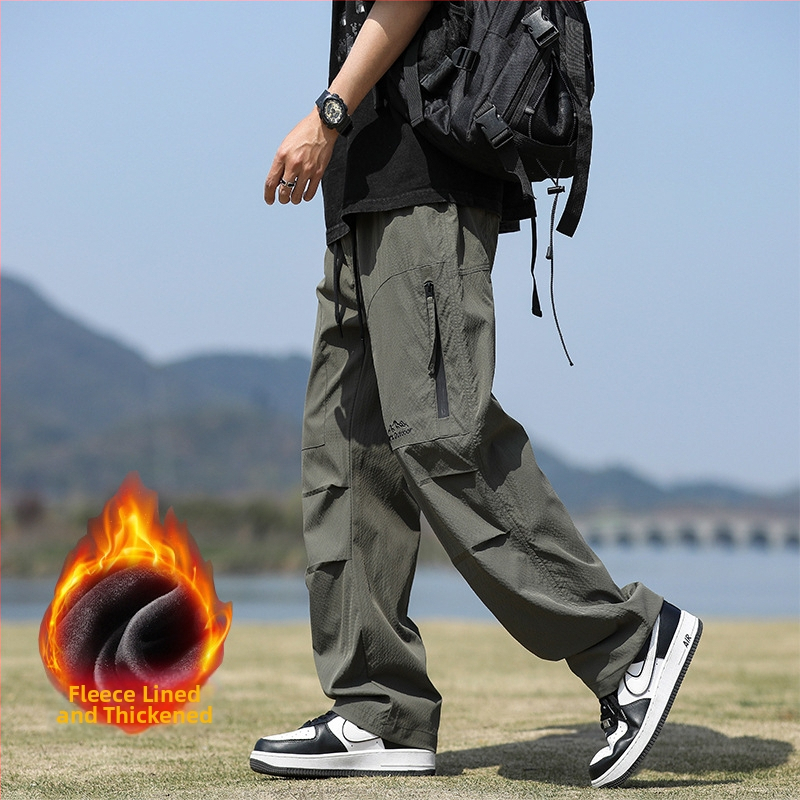 Pantaloni de exterior în stil militar pentru bărbați – căptuțiți cu fleece, croială dreaptă, talie medie, șnur de închidere