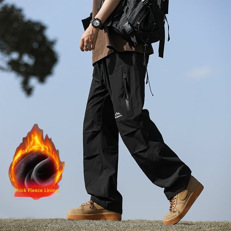 Pantaloni de exterior în stil militar pentru bărbați – căptuțiți cu fleece, croială dreaptă, talie medie, șnur de închidere