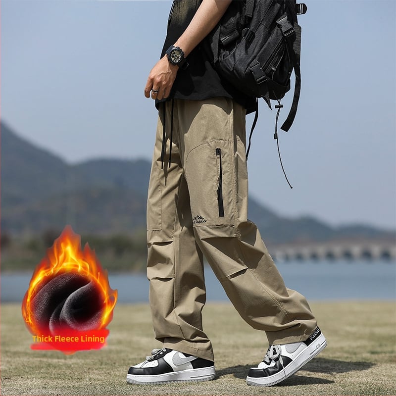 Pantaloni de exterior în stil militar pentru bărbați – căptuțiți cu fleece, croială dreaptă, talie medie, șnur de închidere
