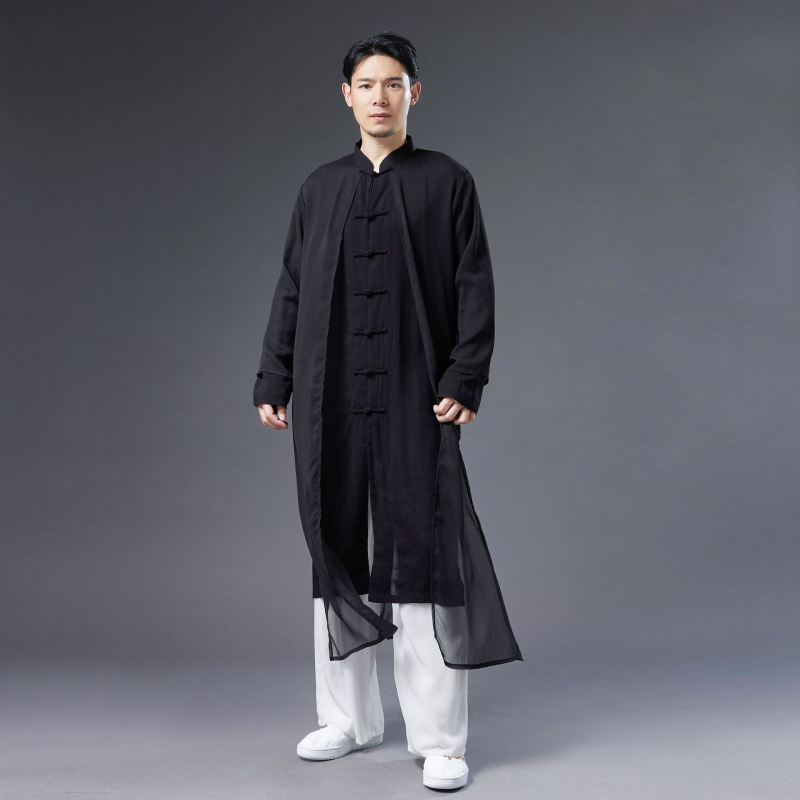 Pánska košeľa v Tang štýle, bavlno-lanový materiál, 7 gombíkov, falošný dvojdielny dizajn, voľnočasové nosenie, 65% bavlna