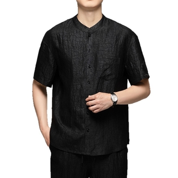 Pánske tričko v štýle Tang s krátkym rukávom, 100% hodváb Mulberry, stojací golier, leto