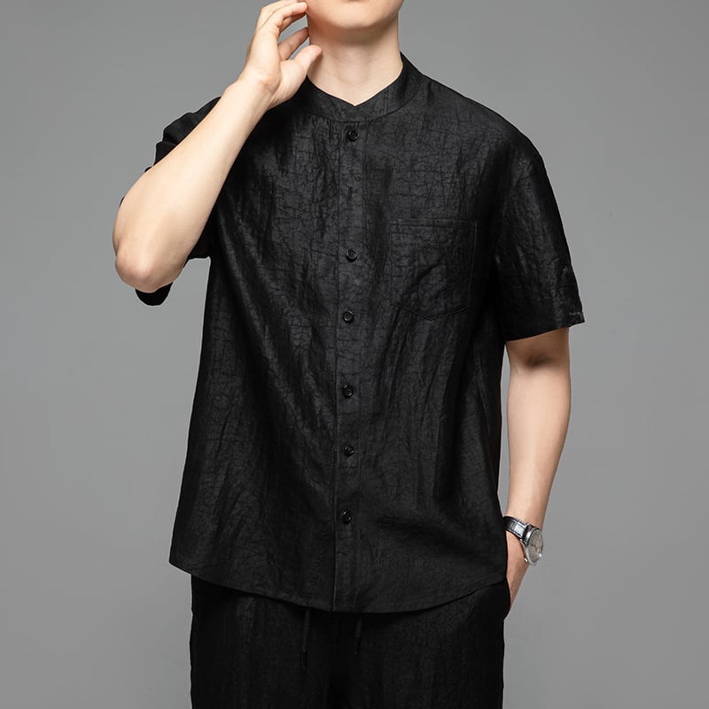 Pánske tričko v štýle Tang s krátkym rukávom, 100% hodváb Mulberry, stojací golier, leto