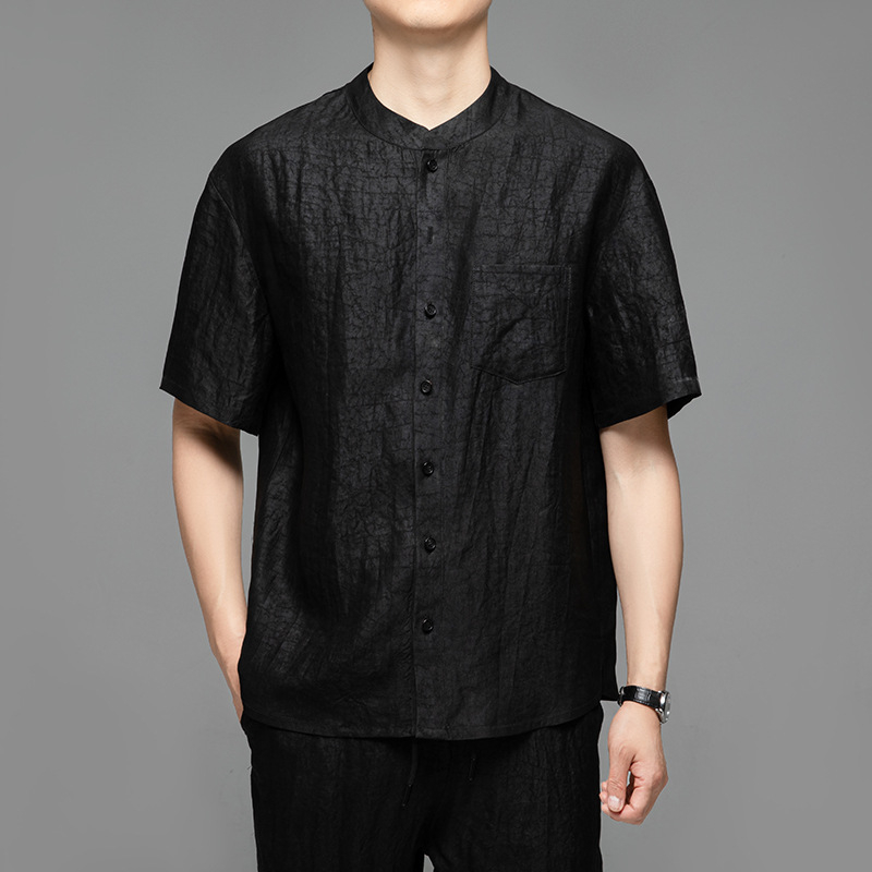 Pánske tričko v štýle Tang s krátkym rukávom, 100% hodváb Mulberry, stojací golier, leto