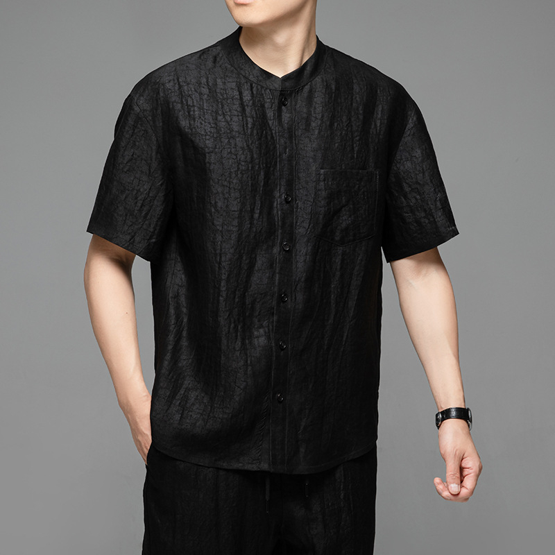 Pánske tričko v štýle Tang s krátkym rukávom, 100% hodváb Mulberry, stojací golier, leto