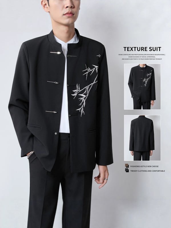 Ανδρικό κινεζικού στιλ μπουφάν με κέντημα, εφαρμοστή γραμμή, γιακάς τύπου σακακιού, κούμπωμα με ένα κουμπί, τσέπες 3D, τελείωμα με ριμπ, πολυεστερικό μίγμα