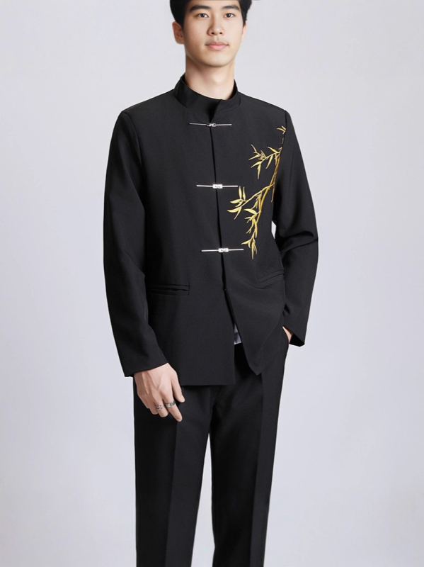 Pánska čínskeho štýlu vyšívaná bunda, úzka silueta, golier typu saka, zapínanie na jedno gombík, 3D vrecká, ribovaný lem, zmes polyesterového vlákna