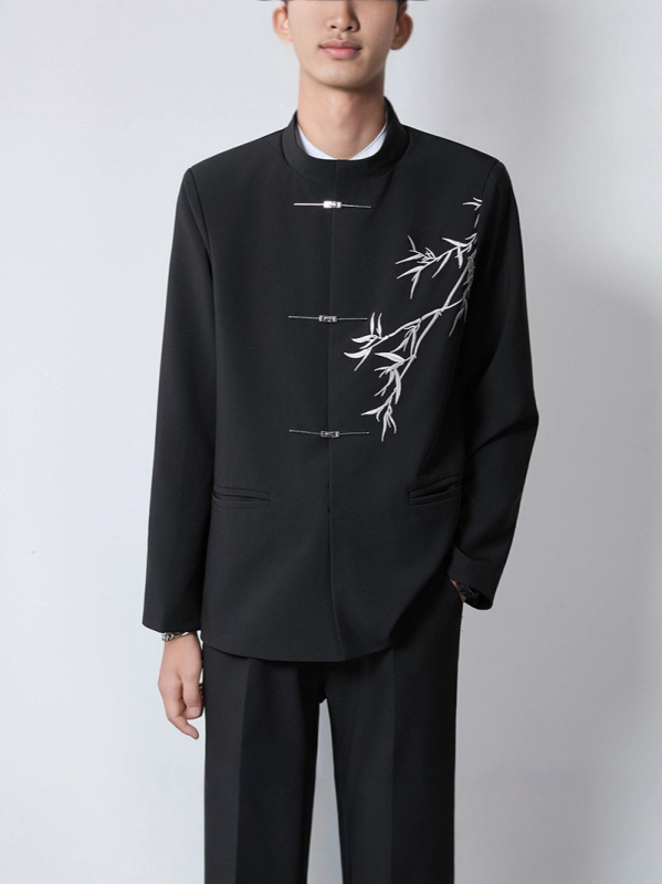 Pánska čínskeho štýlu vyšívaná bunda, úzka silueta, golier typu saka, zapínanie na jedno gombík, 3D vrecká, ribovaný lem, zmes polyesterového vlákna