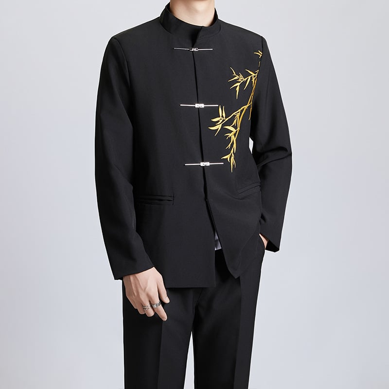 Pánska čínskeho štýlu vyšívaná bunda, úzka silueta, golier typu saka, zapínanie na jedno gombík, 3D vrecká, ribovaný lem, zmes polyesterového vlákna