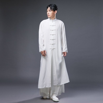 Pánska dlhá tunika v čínskom štýle so stojacim golierom a uzlíkovými gombíkmi, ľahký bavlna-lin materiál na leto, etnické oblečenie