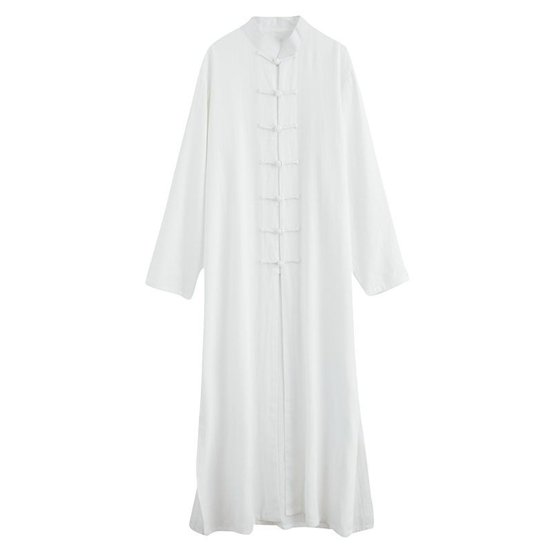 Pánska dlhá tunika v čínskom štýle so stojacim golierom a uzlíkovými gombíkmi, ľahký bavlna-lin materiál na leto, etnické oblečenie