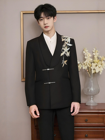 Vőlegény Zhongshan stílusú esküvői öltöny — zakó egysoros, kétgombos zárás, szabott szabás, poliészter-keverék, patchwork dizájn, tavaszi esküvőkre