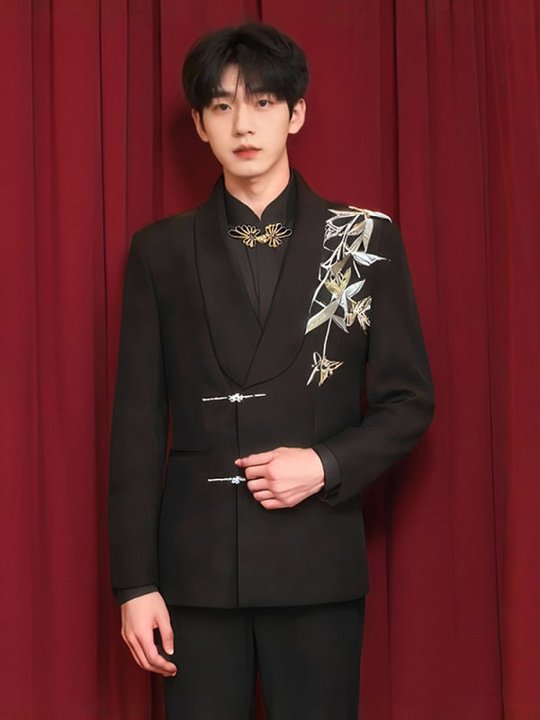 Vőlegény Zhongshan stílusú esküvői öltöny — zakó egysoros, kétgombos zárás, szabott szabás, poliészter-keverék, patchwork dizájn, tavaszi esküvőkre