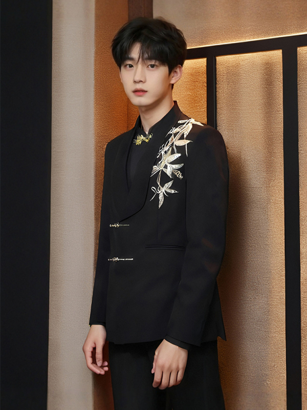 Vőlegény Zhongshan stílusú esküvői öltöny — zakó egysoros, kétgombos zárás, szabott szabás, poliészter-keverék, patchwork dizájn, tavaszi esküvőkre