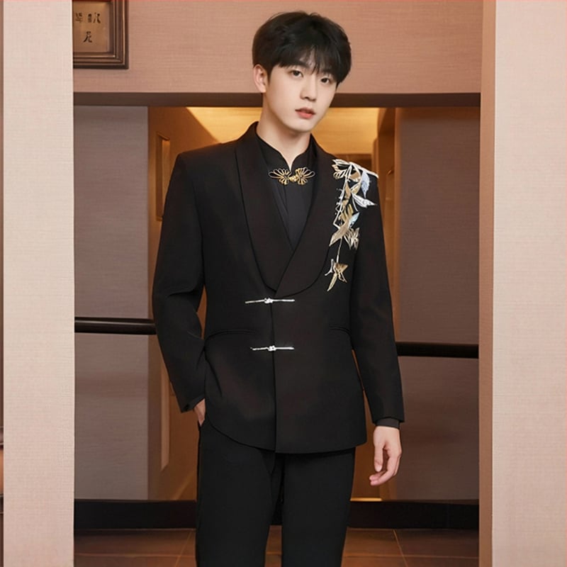 Vőlegény Zhongshan stílusú esküvői öltöny — zakó egysoros, kétgombos zárás, szabott szabás, poliészter-keverék, patchwork dizájn, tavaszi esküvőkre