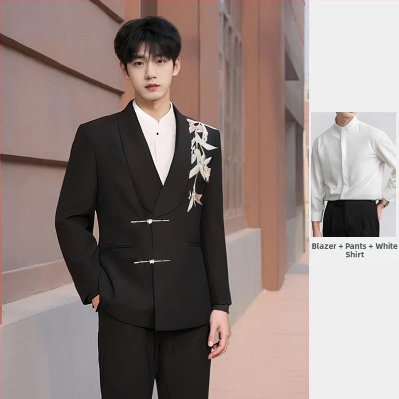 Vőlegény Zhongshan stílusú esküvői öltöny — zakó egysoros, kétgombos zárás, szabott szabás, poliészter-keverék, patchwork dizájn, tavaszi esküvőkre