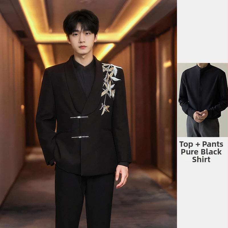 Vőlegény Zhongshan stílusú esküvői öltöny — zakó egysoros, kétgombos zárás, szabott szabás, poliészter-keverék, patchwork dizájn, tavaszi esküvőkre