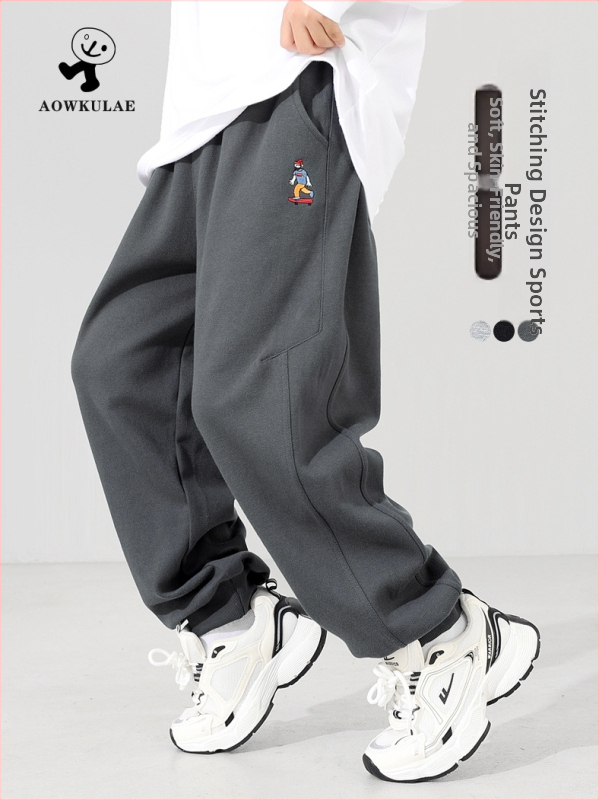 Detské športové nohavice v kórejskom štýle, dlhé, s vyšívanou karikatúrou, pique cube látka, bavlna 85%, elastický pás so strednou výškou, pre chlapcov nad 8 rokov