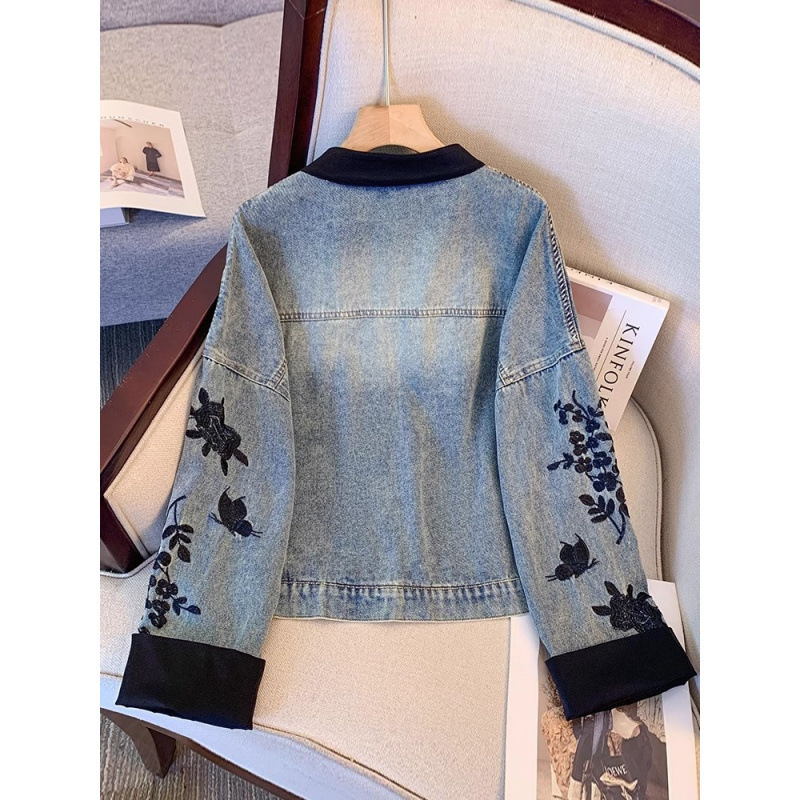 Ženska denim jakna sa stojećim ovratnikom, masivno šivanje, kratka duljina, pamuk 95%+