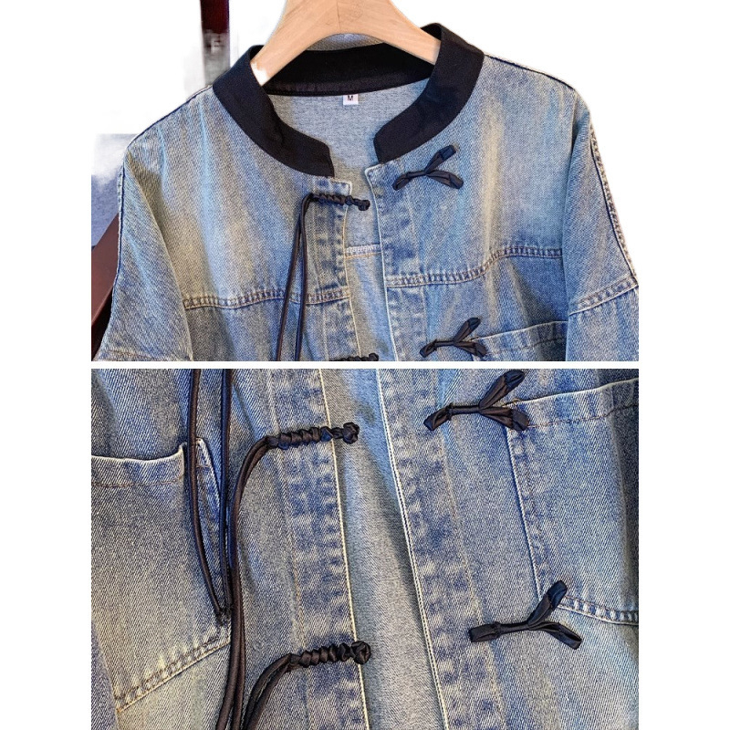Ženska denim jakna sa stojećim ovratnikom, masivno šivanje, kratka duljina, pamuk 95%+