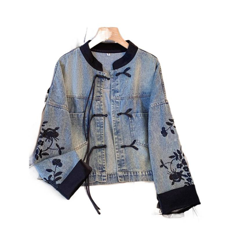 Ženska denim jakna sa stojećim ovratnikom, masivno šivanje, kratka duljina, pamuk 95%+
