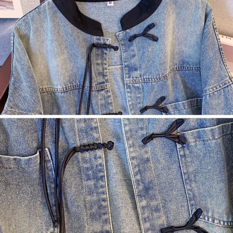 Ženska denim jakna sa stojećim ovratnikom, masivno šivanje, kratka duljina, pamuk 95%+