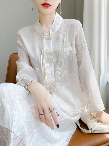 Dámske top v čínskom štýle Tang s výšivkou, polyester, leto 2023, obsah polyesteru 80-90%
