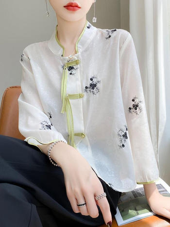 Dámske top v čínskom štýle Tang s výšivkou, polyester, leto 2023, obsah polyesteru 80-90%