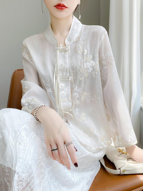 Dámske top v čínskom štýle Tang s výšivkou, polyester, leto 2023, obsah polyesteru 80-90%