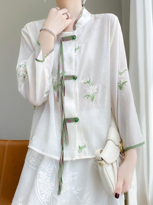 Dámske top v čínskom štýle Tang s výšivkou, polyester, leto 2023, obsah polyesteru 80-90%