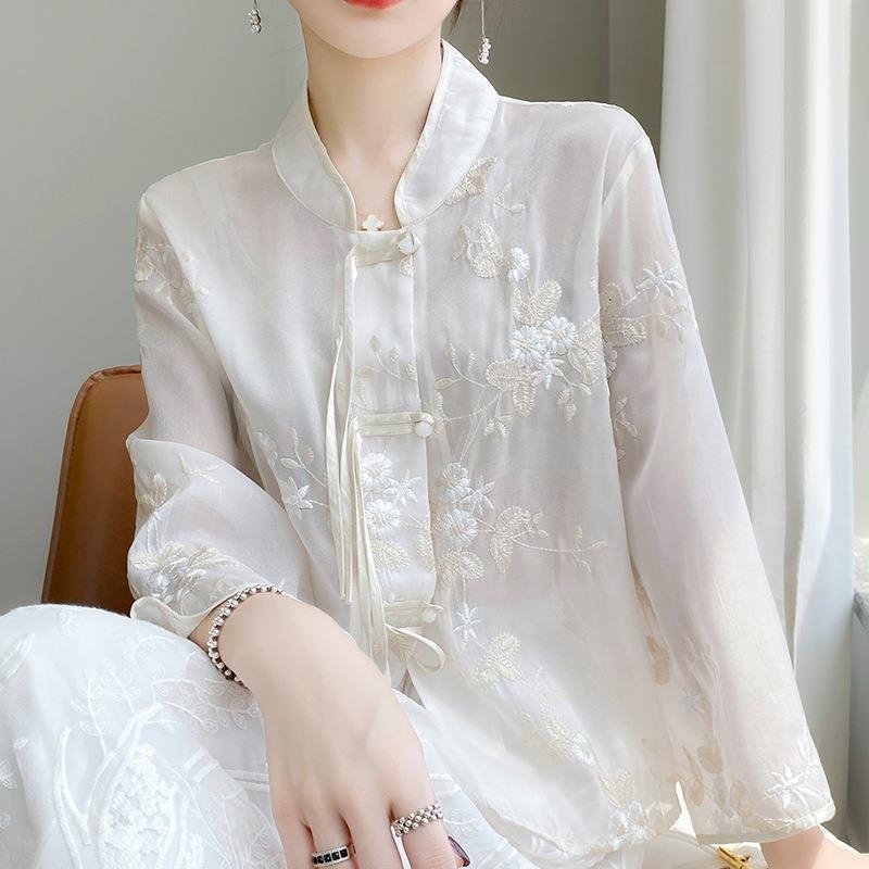 Dámske top v čínskom štýle Tang s výšivkou, polyester, leto 2023, obsah polyesteru 80-90%