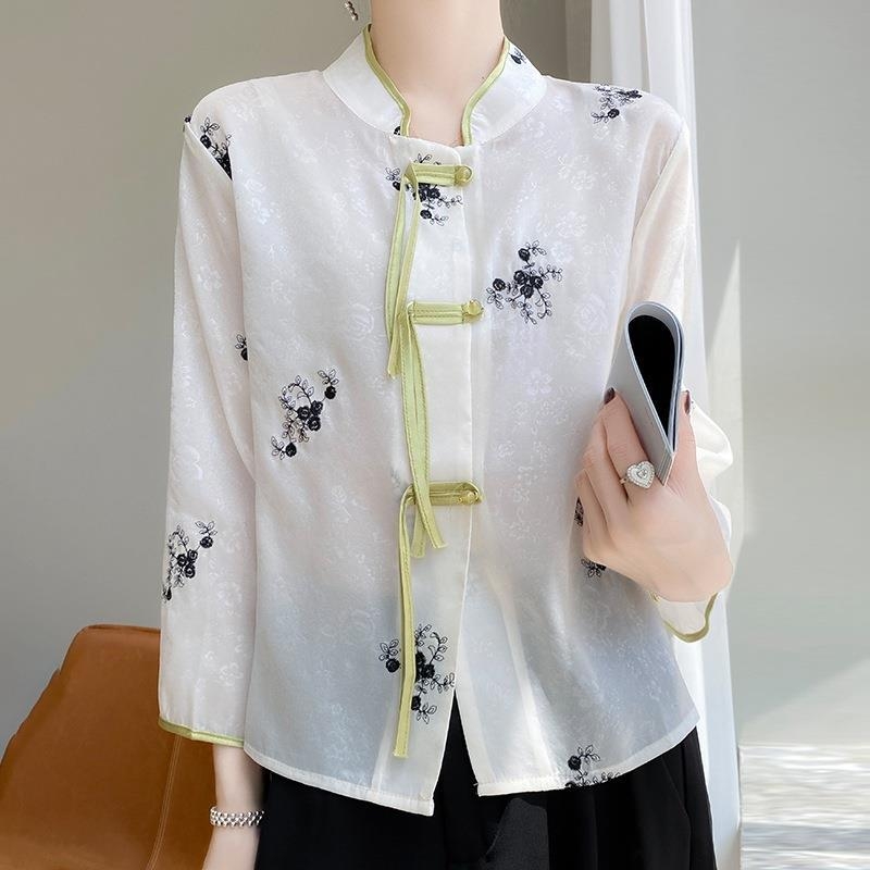 Dámske top v čínskom štýle Tang s výšivkou, polyester, leto 2023, obsah polyesteru 80-90%